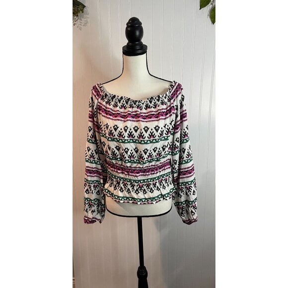 Wrangler Retro Womens Boho Off-Shoulder Top L Multicolor Rayon - Picture 4 of 16